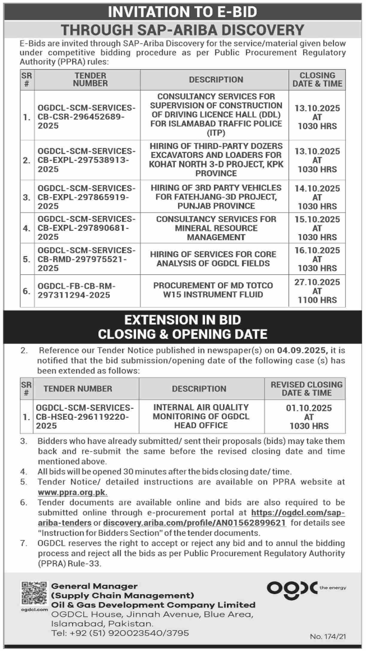 Oil & Gas Development Company Limited Islamabad Tender Notice